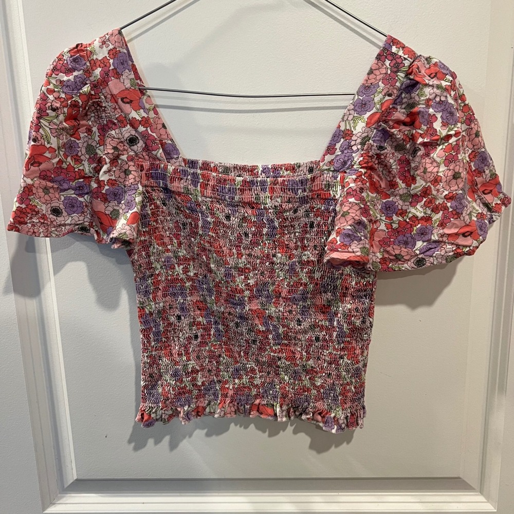 Gap Womens Smocked Floral Puff Sleeve Top Pink Purple Size S